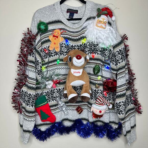 Ugly Christmas Sweater Singing Rudolph LIGHTS UP Tinsel Xmas Party Winner Sz XL - Picture 1 of 5